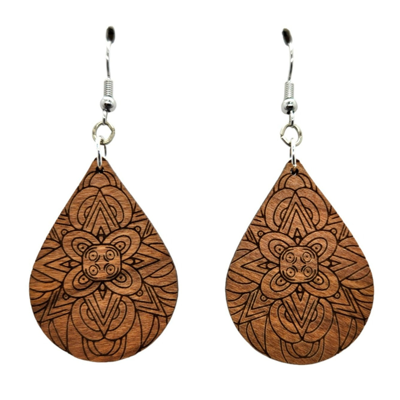 Wood Earrings - Floral Mandala Engraved Teardrop Wood Earrings - Dangle Earrings - Mandala Floral Pattern Gift