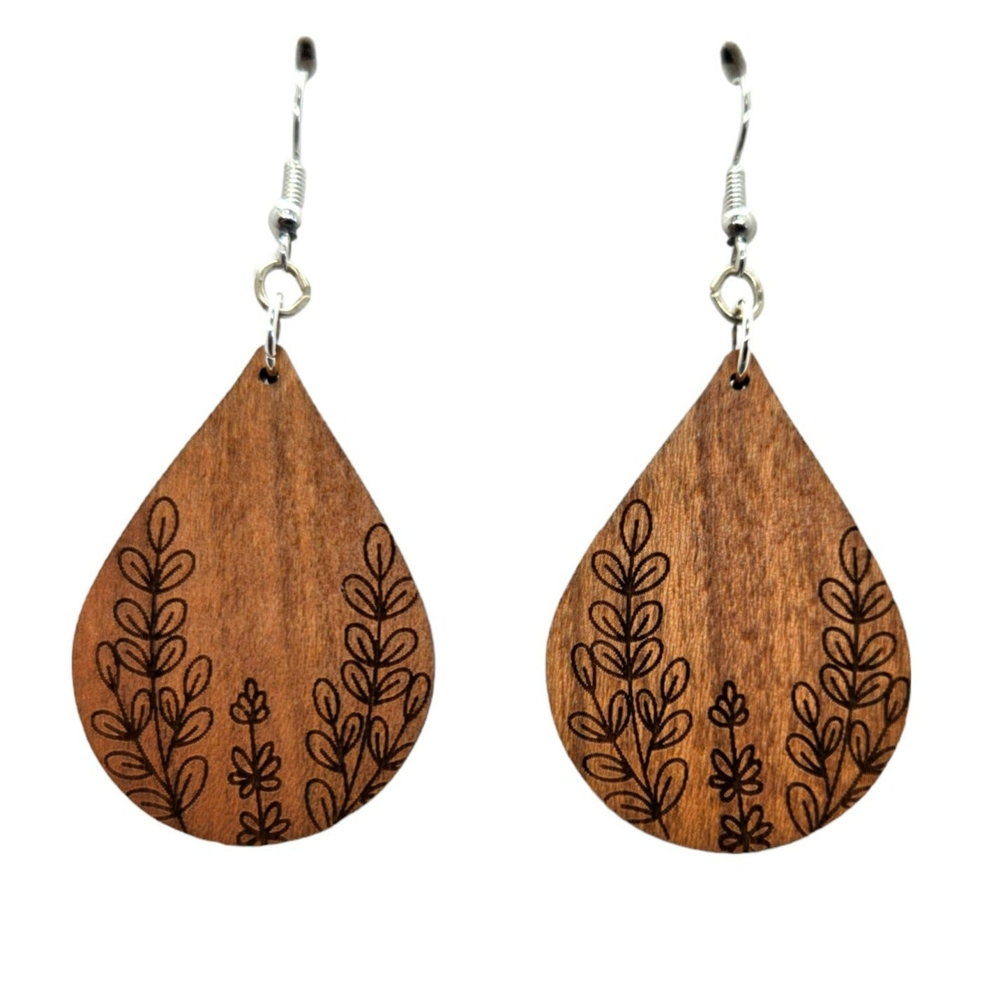 Wood Earrings - Floral Leaf Engraved Teardrop Wood Earrings - Dangle Earrings - Gift