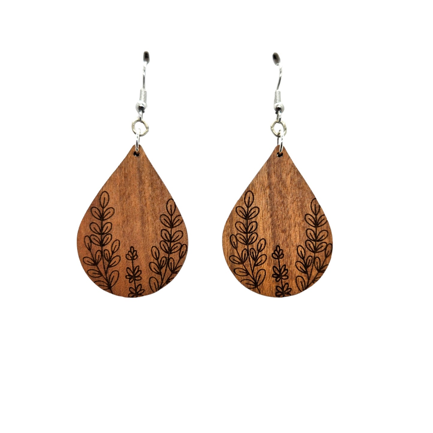 Wood Earrings - Floral Leaf Engraved Teardrop Wood Earrings - Dangle Earrings - Gift