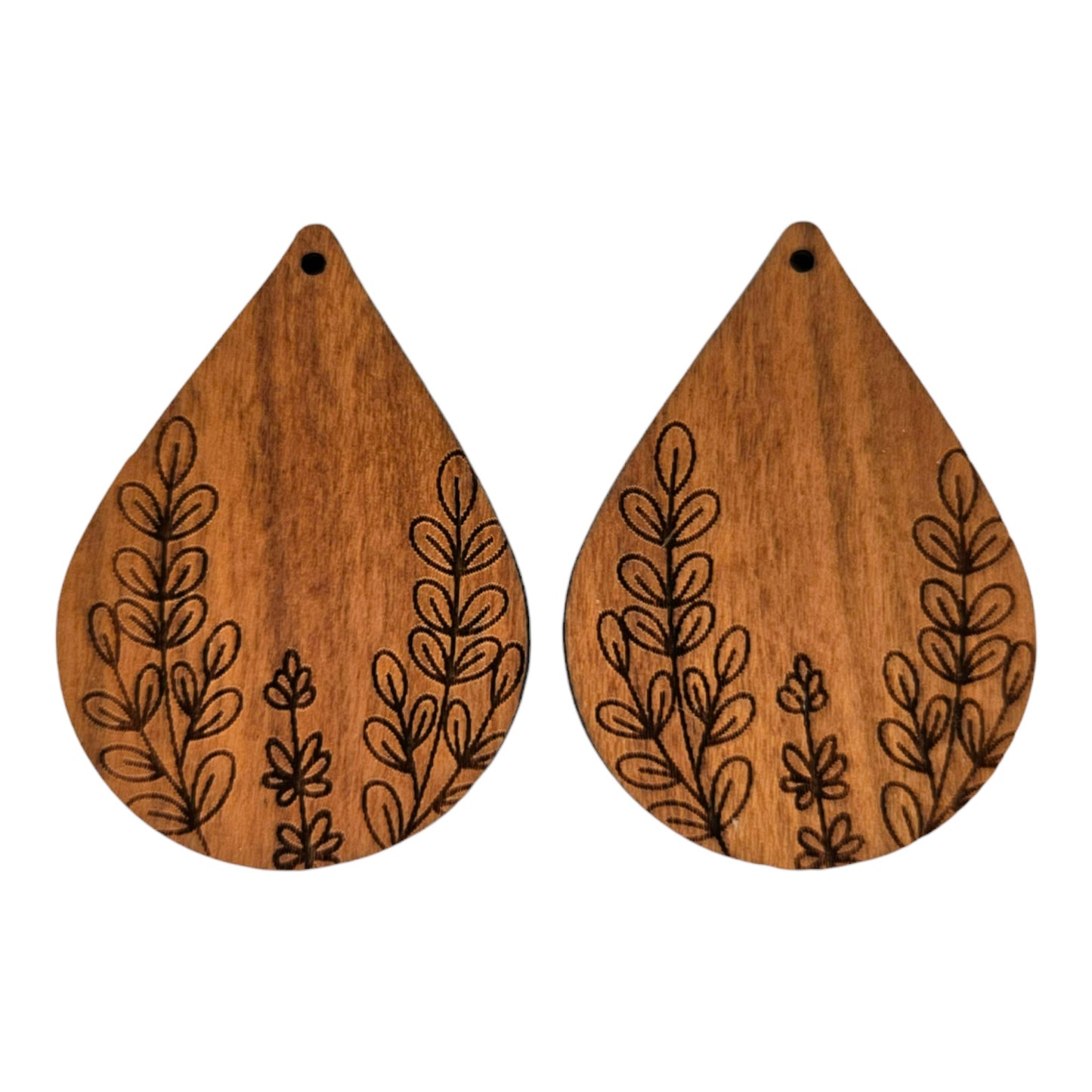 Wood Earrings - Floral Leaf Engraved Teardrop Wood Earrings - Dangle Earrings - Gift