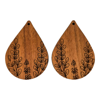 Wood Earrings - Floral Leaf Engraved Teardrop Wood Earrings - Dangle Earrings - Gift