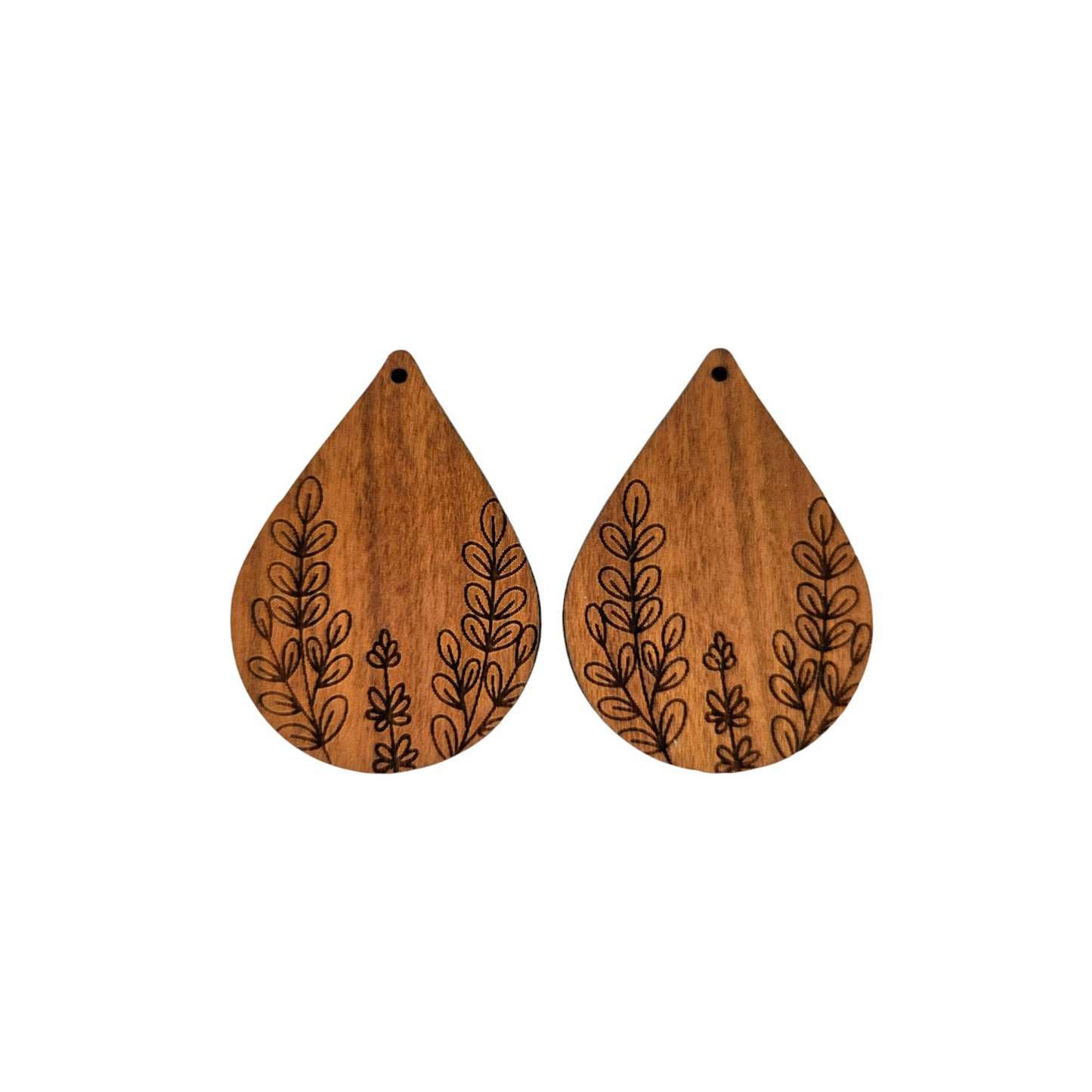 Wood Earrings - Floral Leaf Engraved Teardrop Wood Earrings - Dangle Earrings - Gift