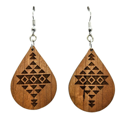 Wholesale Wood Earrings - Aztec Tribal Boho Lightweight Engraved Teardrop Wood Earrings - Dangle Earrings