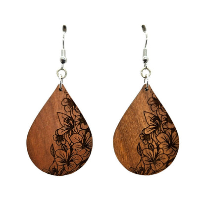 Wood Earrings - Floral Engraved Teardrop Wood Earrings - Dangle Earrings - Gift - Drop Earrings Lightweight