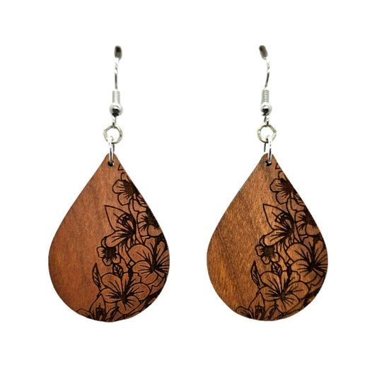 Wholesale Wood Earrings - Floral Engraved Teardrop Wood Earrings - Dangle Earrings