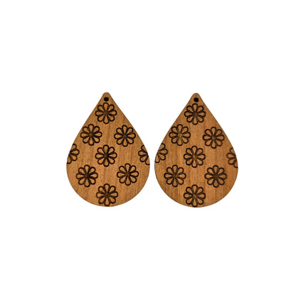 Wood Earrings - Floral All Over Print Pattern Engraved Teardrop Wood Earrings - Dangle Earrings - Gift - Drop Earrings Lightweight