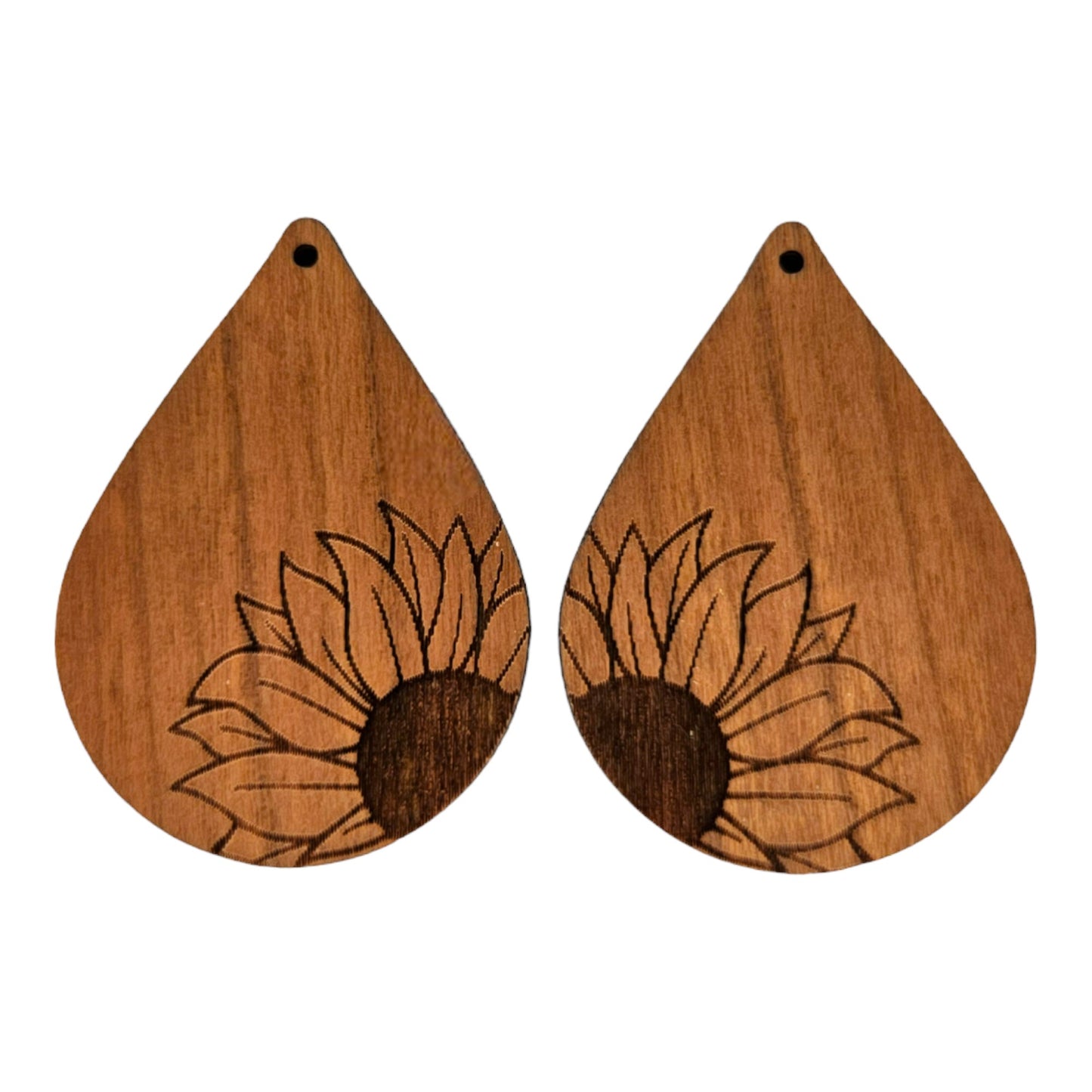 Wood Earrings - Sunflower Flower Floral Engraved Teardrop Wood Earrings - Dangle Earrings - Gift - Drop Earrings Lightweight