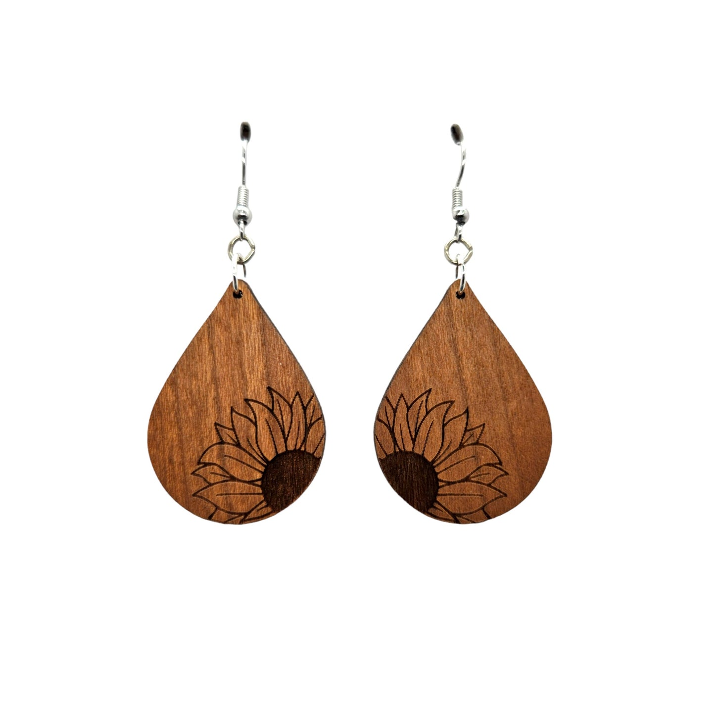 Wood Earrings - Sunflower Flower Floral Engraved Teardrop Wood Earrings - Dangle Earrings - Gift - Drop Earrings Lightweight