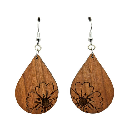 Wood Earrings - Flower Floral Engraved Teardrop Wood Earrings - Dangle Earrings - Gift - Drop Earrings Lightweight