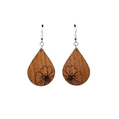 Wholesale Wood Earrings - Flower Floral Engraved Teardrop Wood Earrings - Dangle Earrings