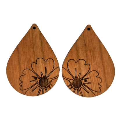 Wood Earrings - Flower Floral Engraved Teardrop Wood Earrings - Dangle Earrings - Gift - Drop Earrings Lightweight