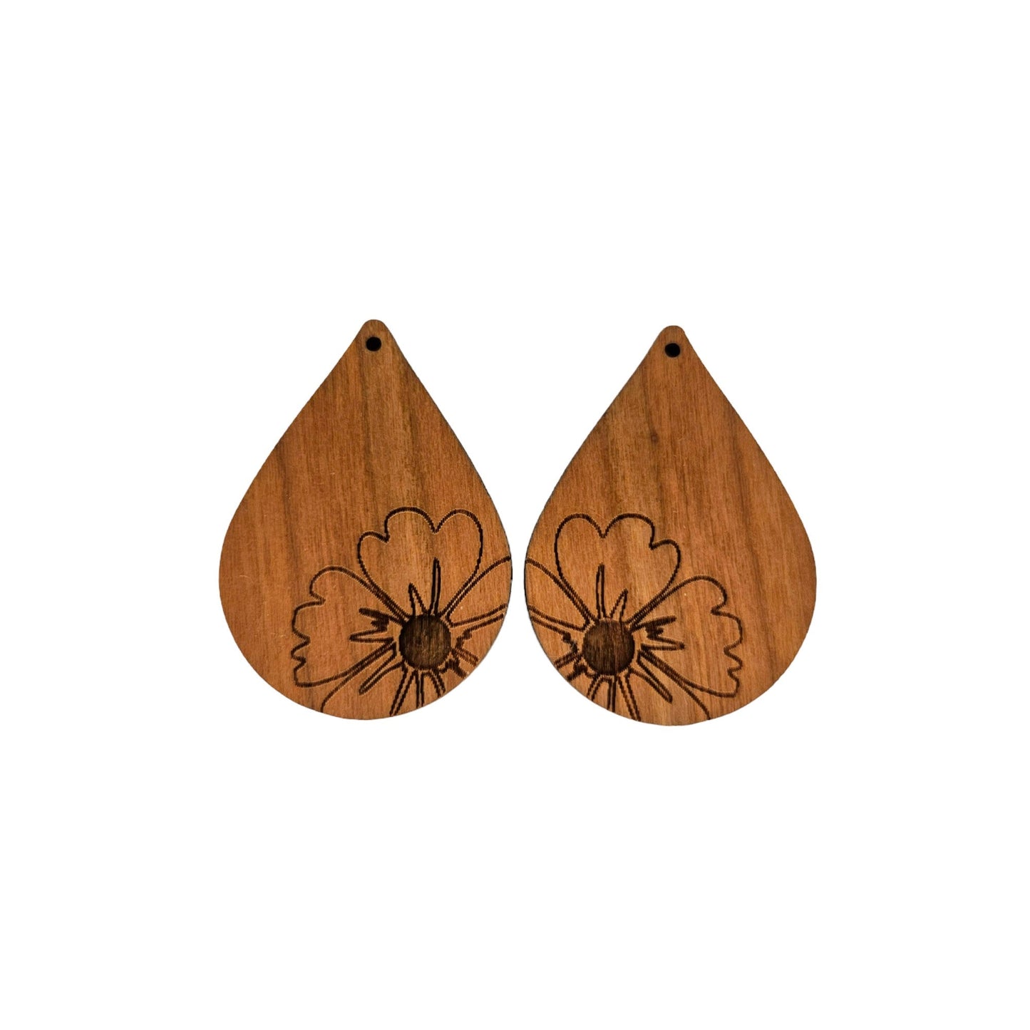 Wholesale Wood Earrings - Flower Floral Engraved Teardrop Wood Earrings - Dangle Earrings