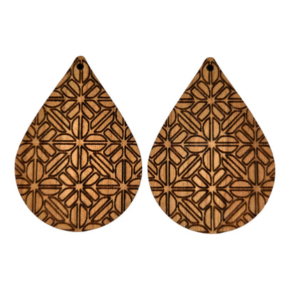 Wood Earrings - Abstract Flower Floral Pattern Engraved Teardrop Wood Earrings - Dangle Earrings - Gift - Drop Earrings Lightweight