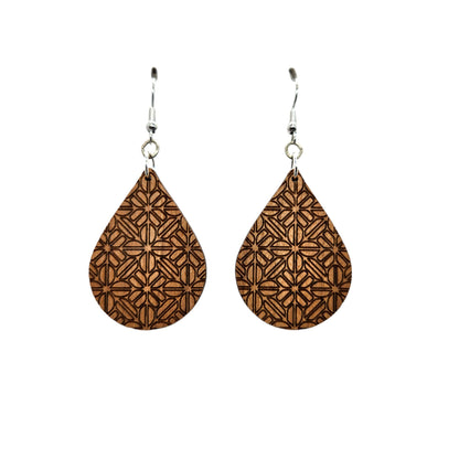 Wholesale Wood Earrings - Abstract Flower Floral Pattern Engraved Teardrop Wood Earrings - Dangle Earrings