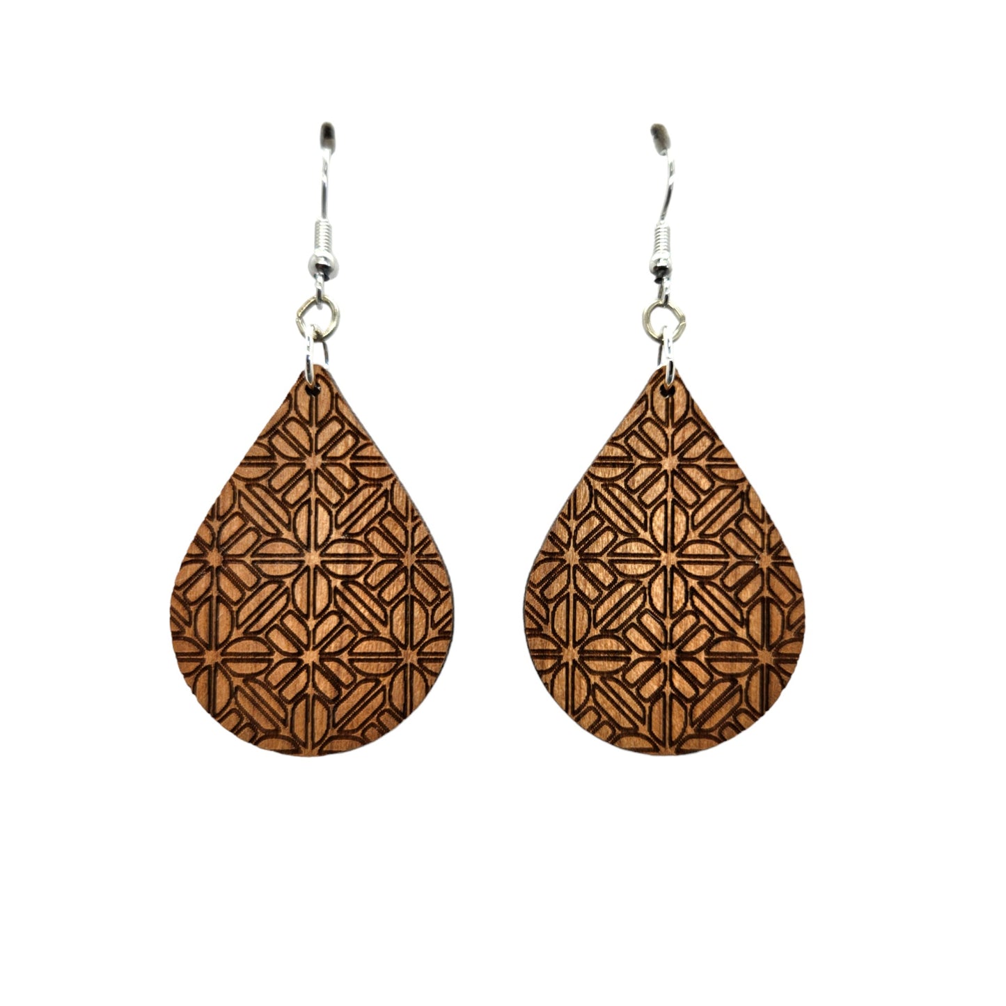 Wood Earrings - Abstract Flower Floral Pattern Engraved Teardrop Wood Earrings - Dangle Earrings - Gift - Drop Earrings Lightweight