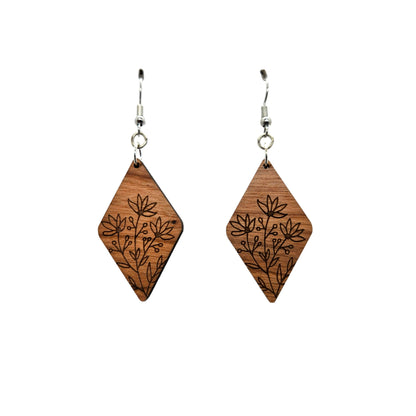 Wood Earrings - Floral Diamond Shape Engraved Wood Drop Earrings - Dangle Earrings - Gift Flowers