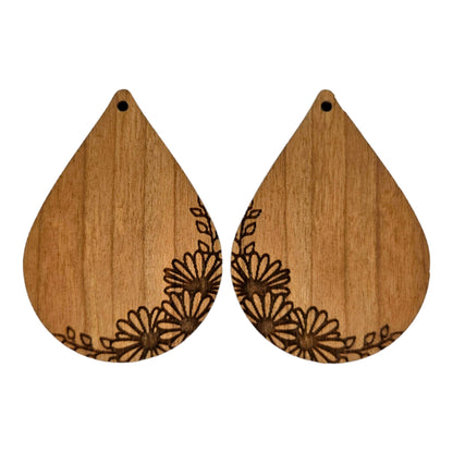 Wholesale Wood Earrings - Daisies on the Edge Engraved Teardrop Lightweight Earrings - Dangle Earrings