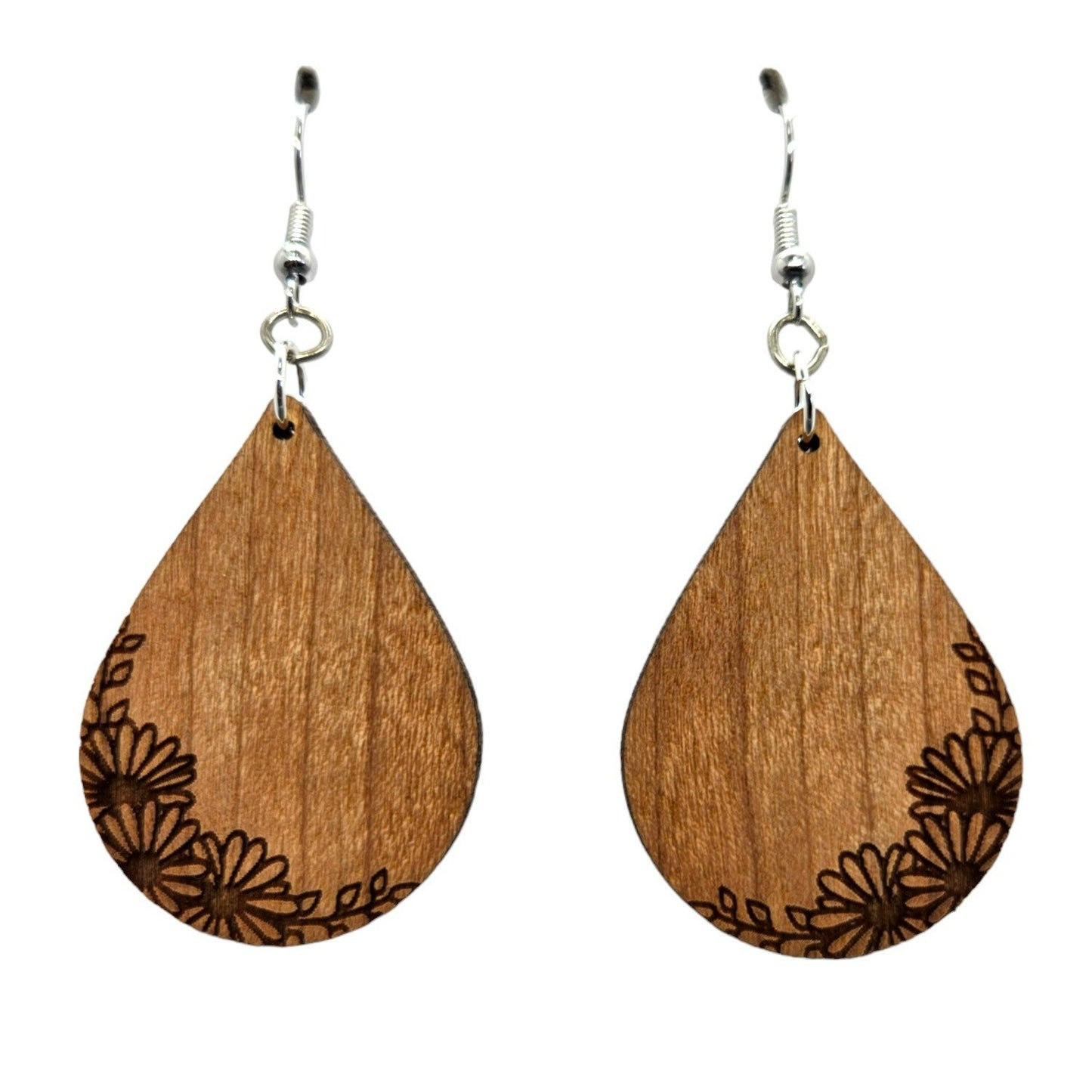 Wood Earrings - Daisies on the Edge Engraved Teardrop Lightweight Earrings - Dangle Earrings Drop Earrings - Gift