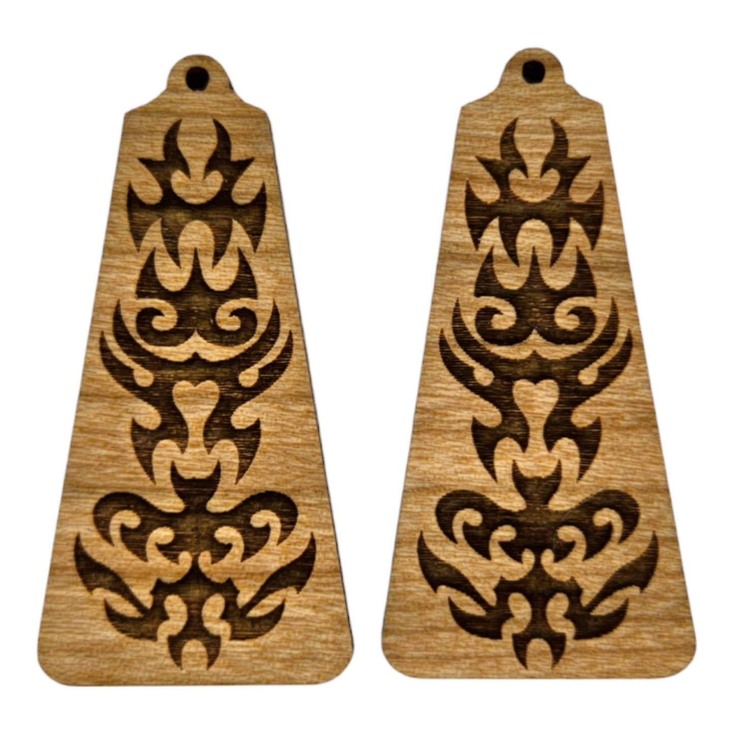 Wood Earrings - Asian or Tribal Engraved Lightweight Earrings Triangle - Dangle Earrings Drop Earrings - Gift