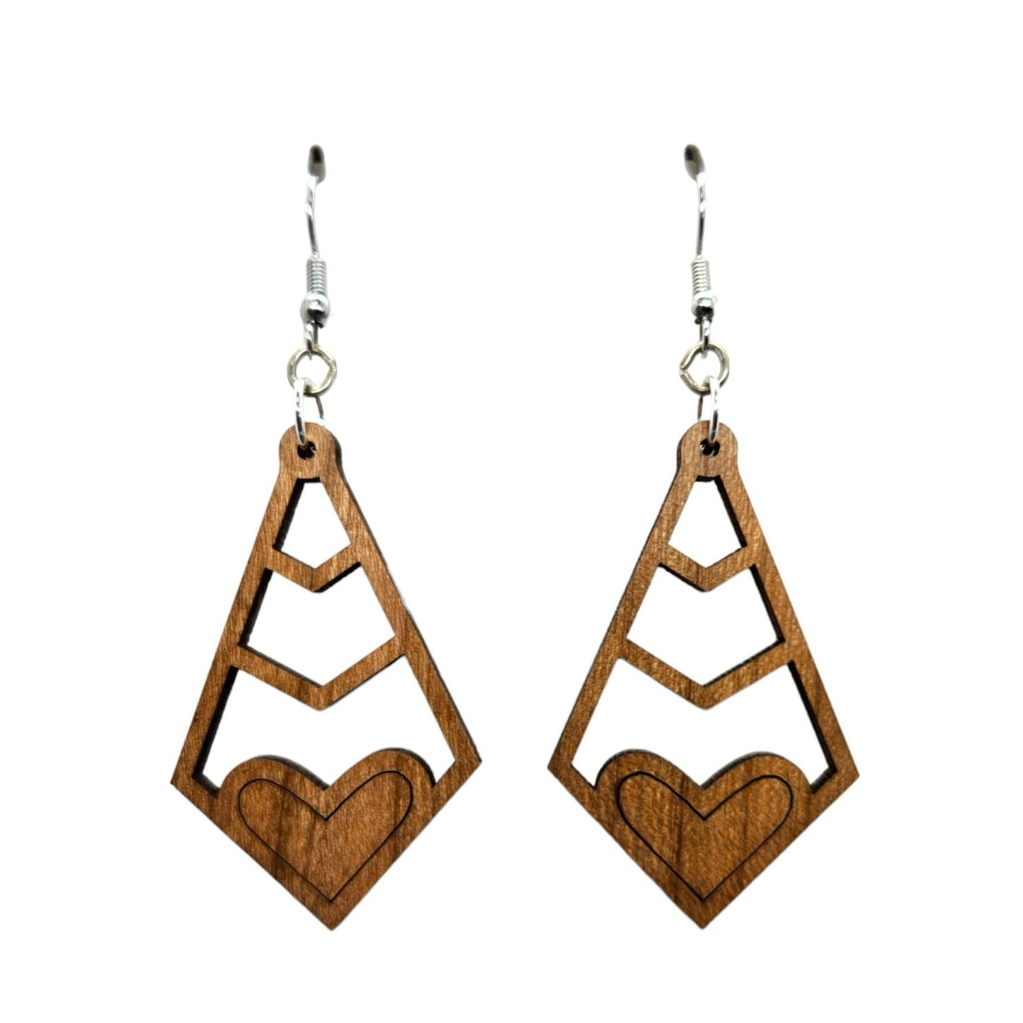 Wood Earrings - Diamond Shape with Heart Lightweight Earrings - Dangle Earrings Drop Earrings - Gift