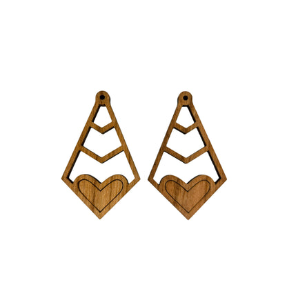 Wood Earrings - Diamond Shape with Heart Lightweight Earrings - Dangle Earrings Drop Earrings - Gift