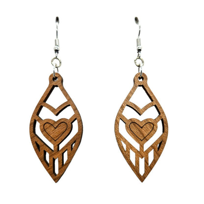 Wholesale Wood Earrings - Oval Feather Shape with Heart Lightweight Earrings - Dangle Earrings Drop