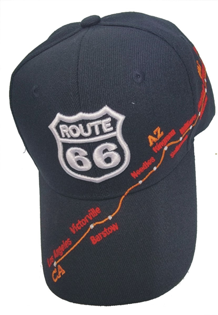 Route 66 city map cap. One Size Fits Most Hook and Loop belt adjust. Cities: Los Angeles, Victorville, Barstow, Needles, Kingman, Seligman, Williams, Flagstaff, Winslow, Albuquerque, El Reno, Tulsa, Springfield,  Chicago