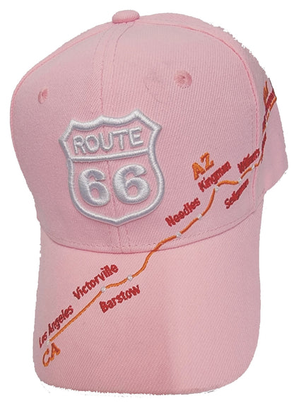 Route 66 city map cap. One Size Fits Most Hook and Loop belt adjust. Cities: Los Angeles, Victorville, Barstow, Needles, Kingman, Seligman, Williams, Flagstaff, Winslow, Albuquerque, El Reno, Tulsa, Springfield,  Chicago