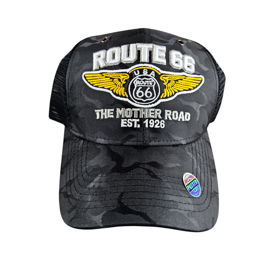 ROUTE 66 Mother Road Black Trucker Mesh Cap or Hat