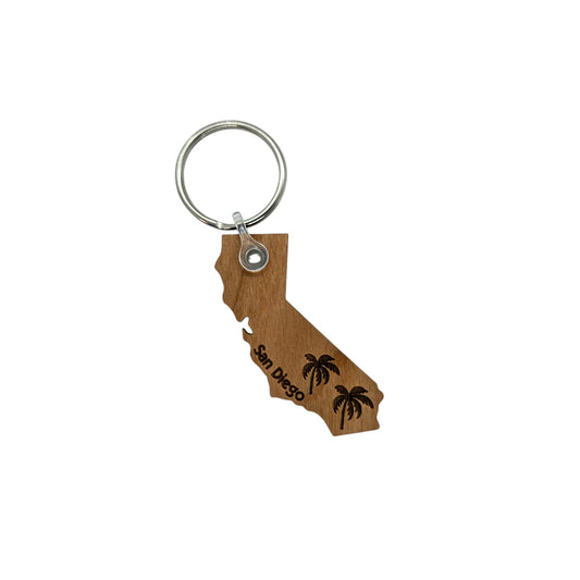 San Diego CA State Shape Palm Trees Keychain Wood Keyring Souvenir Key Ring Key Chain