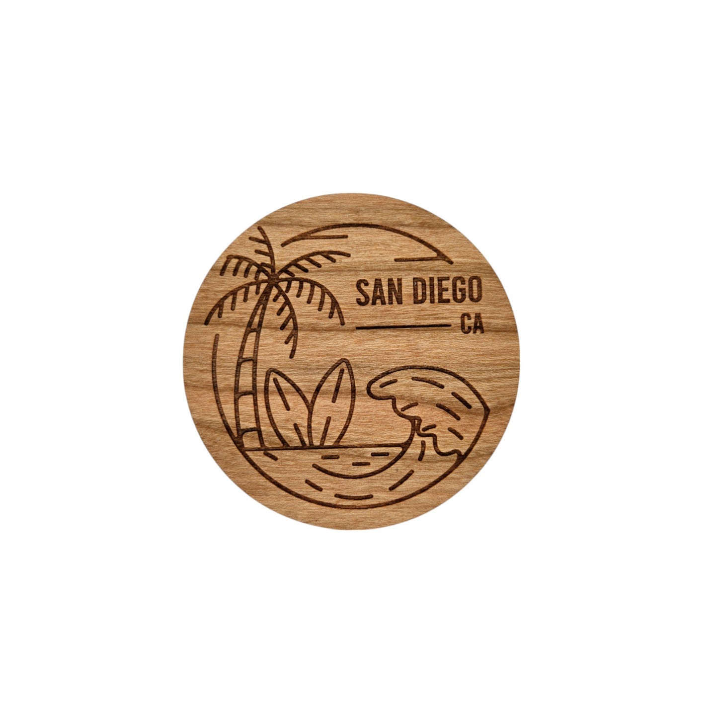 San Diego CA Beach Scene Surfboard Palm Trees Wood Magnet Souvenir