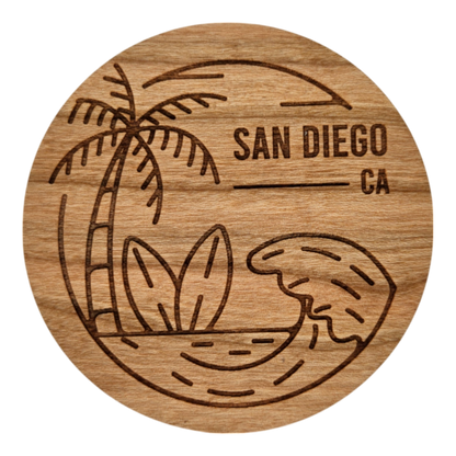 San Diego CA Beach Scene Surfboard Palm Trees Wood Magnet Souvenir