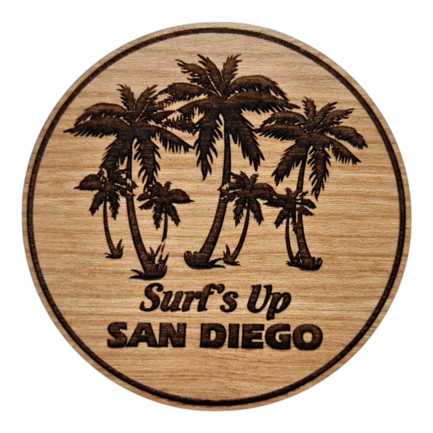 San Diego CA Surfs Up Palm Trees Wood Magnet Souvenir