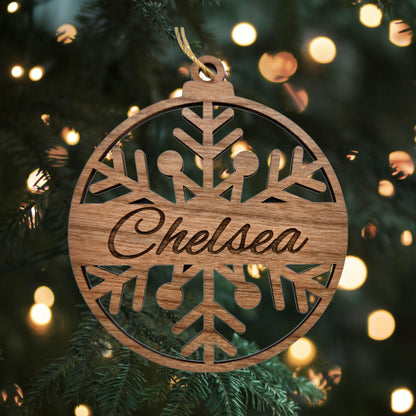 Snowflake Personalized Ornament Engraved with Custom Name Wood Ornament Handmade in the USA