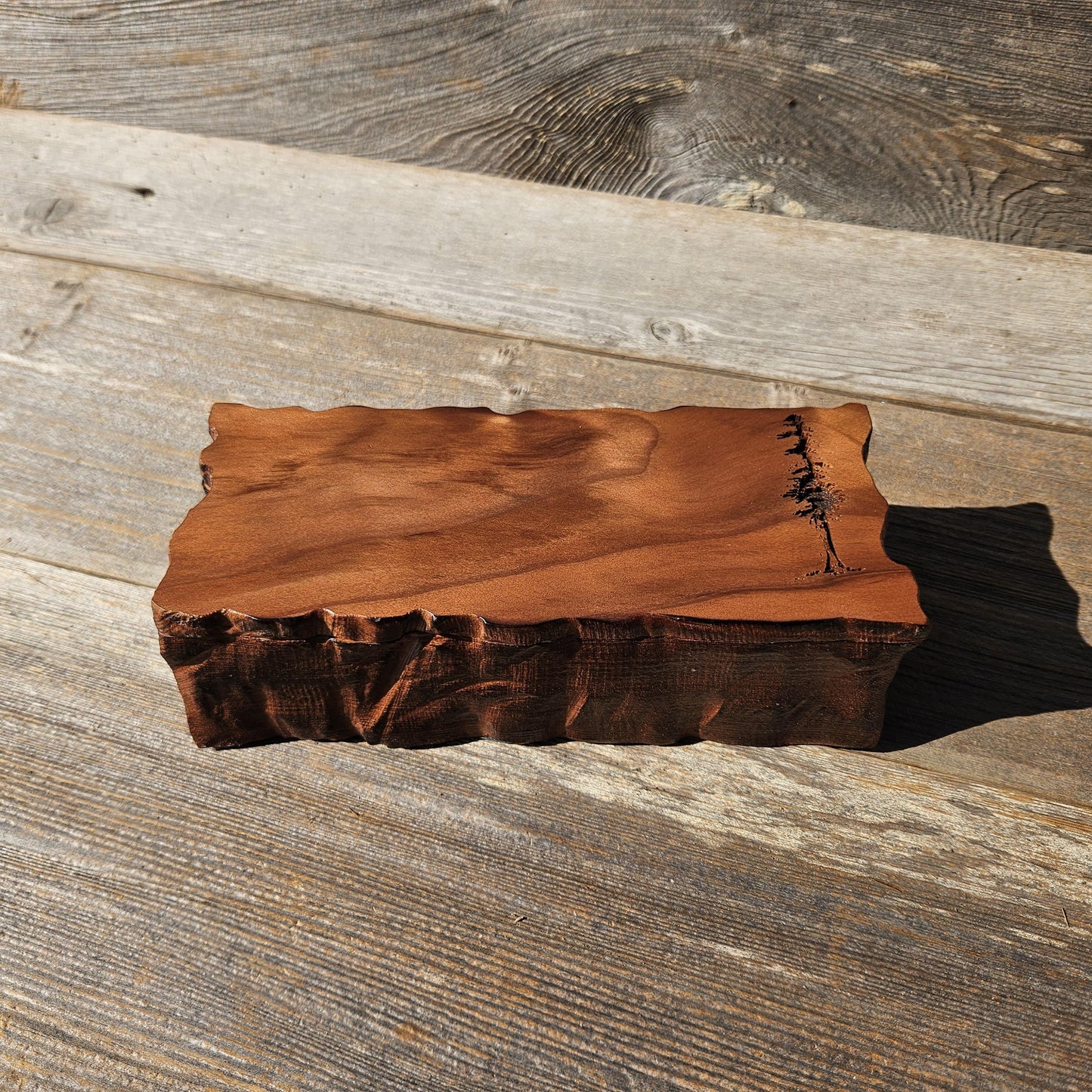 Handmade Wood Box with Redwood Tree Engraved Rustic Curly Wood #615