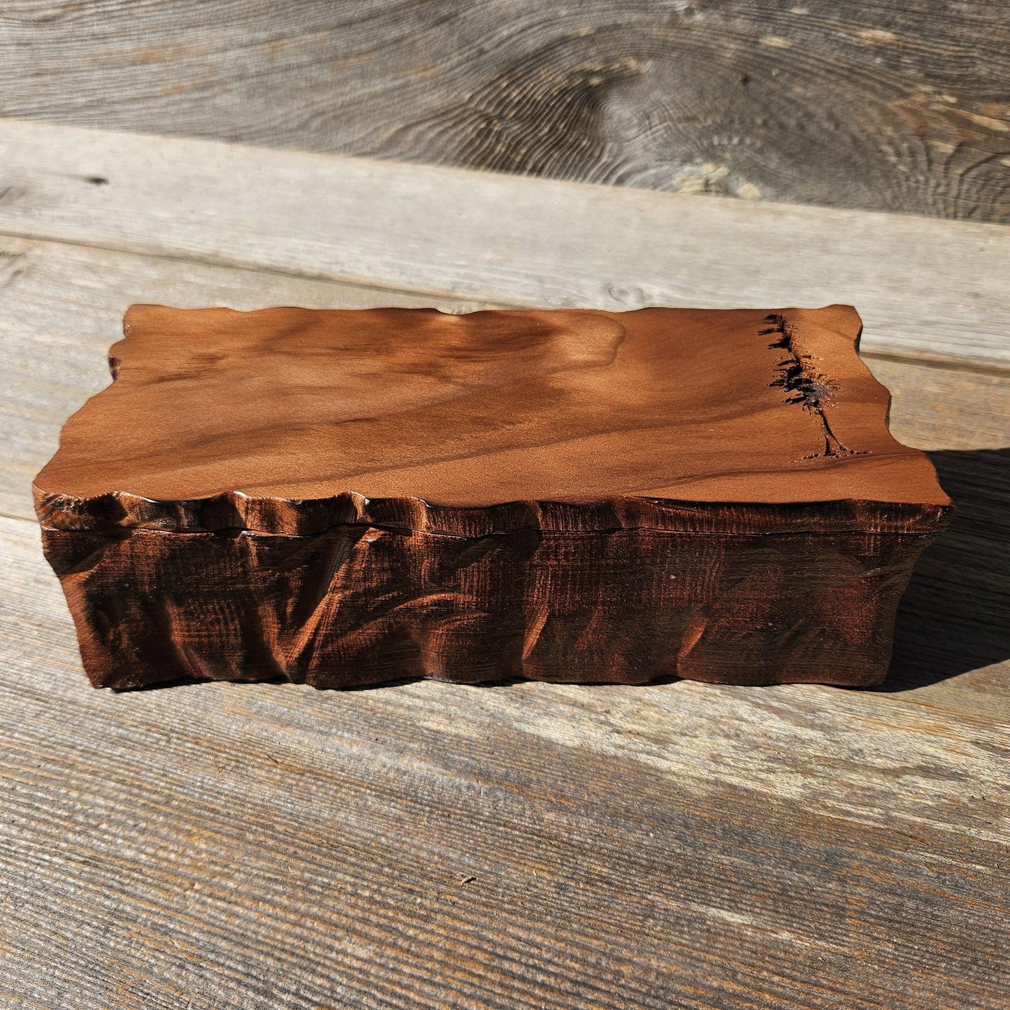 Handmade Wood Box with Redwood Tree Engraved Rustic Curly Wood #615
