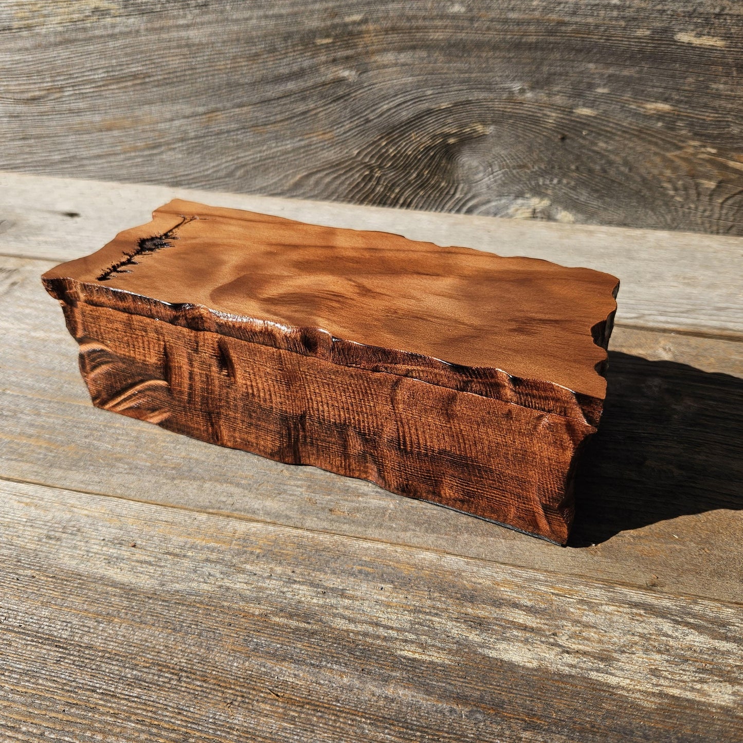 Handmade Wood Box with Redwood Tree Engraved Rustic Curly Wood #615