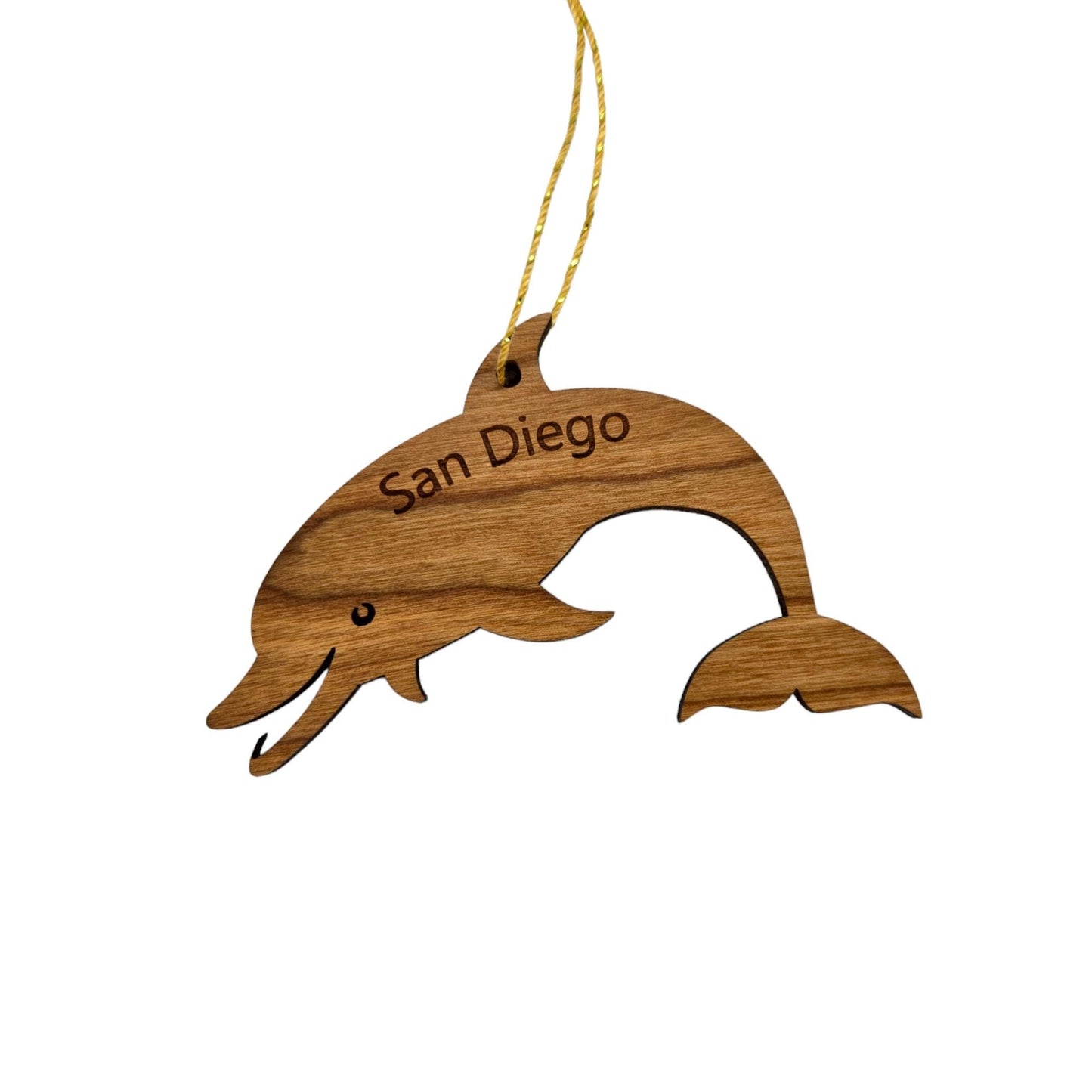 San Diego California Ornament - Handmade Wood Ornament - CA Smiling Dolphin Cutout - Christmas Ornament 3 Inch