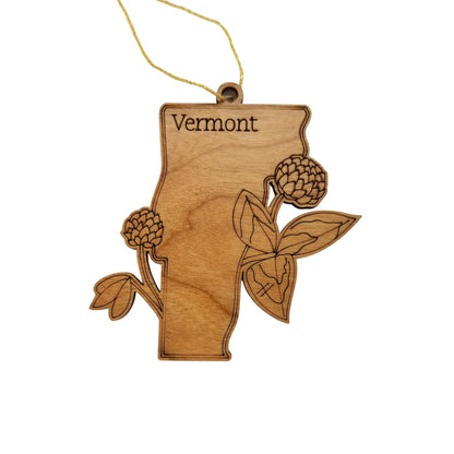 Vermont Wood Ornament -  State Shape with State Flowers Red Clover VT - Handmade Wood Ornament Made in USA Christmas Decor