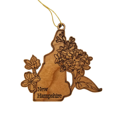 New Hampshire Wood Ornament -  NH State Shape with State Flowers Purple Lilacs - Handmade Wood Ornament Made in USA Christmas Decor