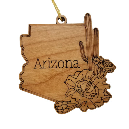 Wholesale Arizona Wood Ornament -  AZ State Shape with State Flowers Saguaro Cactus Blossoms - Handmade Wood Souvenir