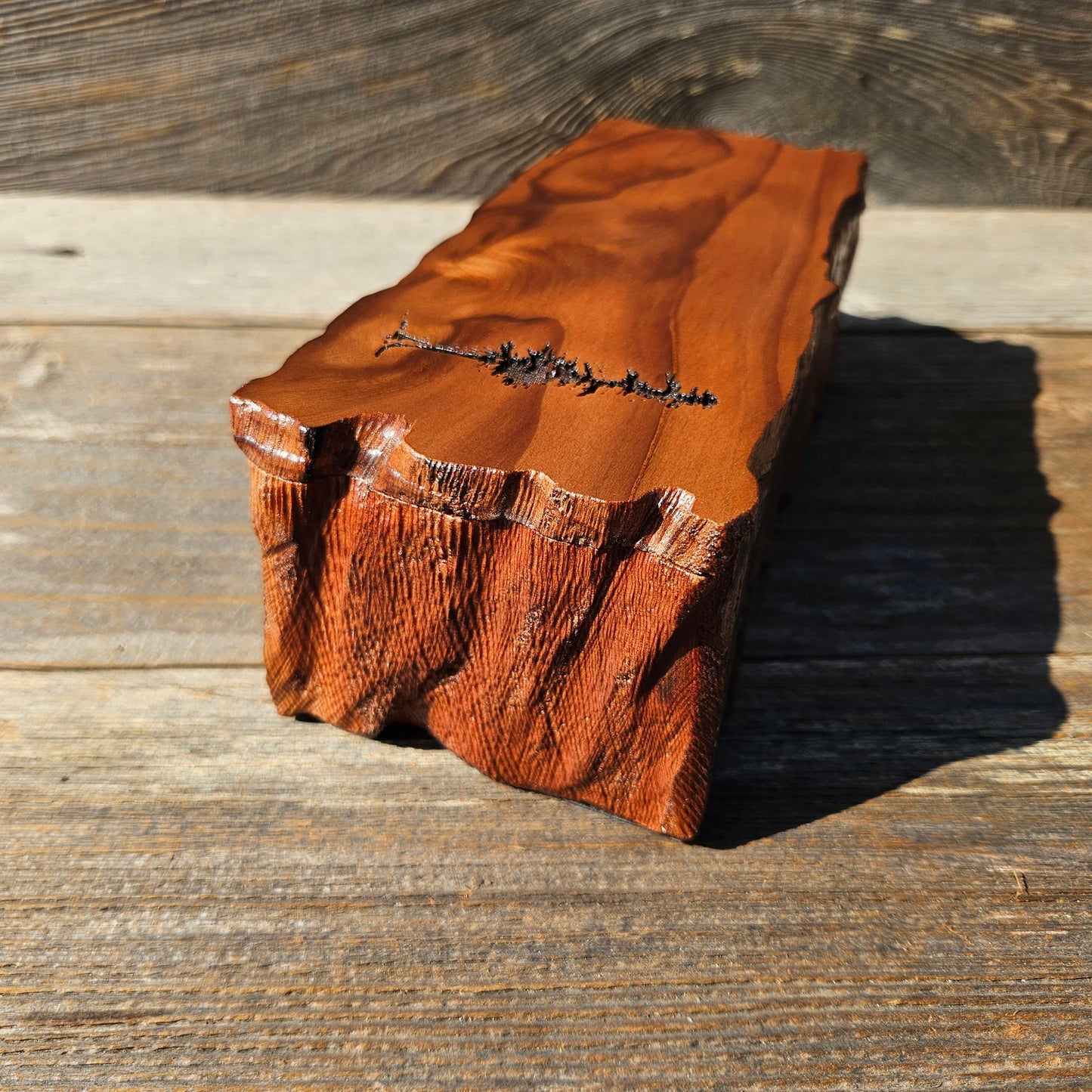 Handmade Wood Box with Redwood Tree Engraved Rustic Handmade Curly Wood #598 California Redwood Jewelry Box Storage Box