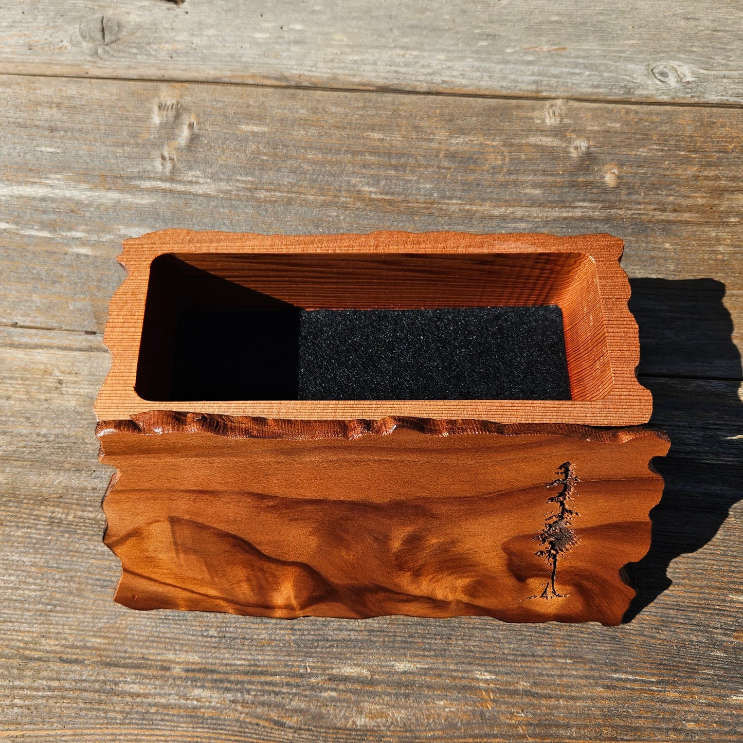 Handmade Wood Box with Redwood Tree Engraved Rustic Handmade Curly Wood #598 California Redwood Jewelry Box Storage Box