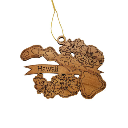 Hawaii Wood Ornament -  HI State Shape with State Flowers Hibiscus - Handmade Wood Ornament Made in USA Christmas Decor