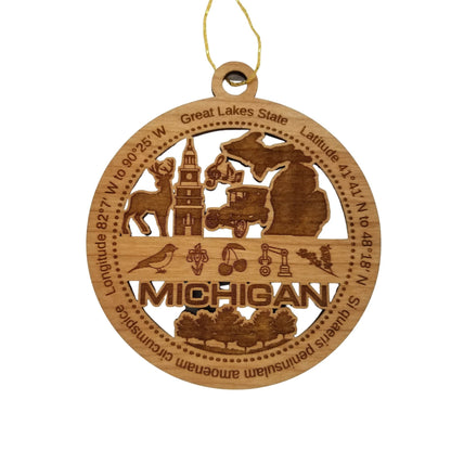 Michigan Wood Ornament - MI Souvenir - Handmade Wood Ornament Made in USA State Shape Deer Musical Notes Cherries