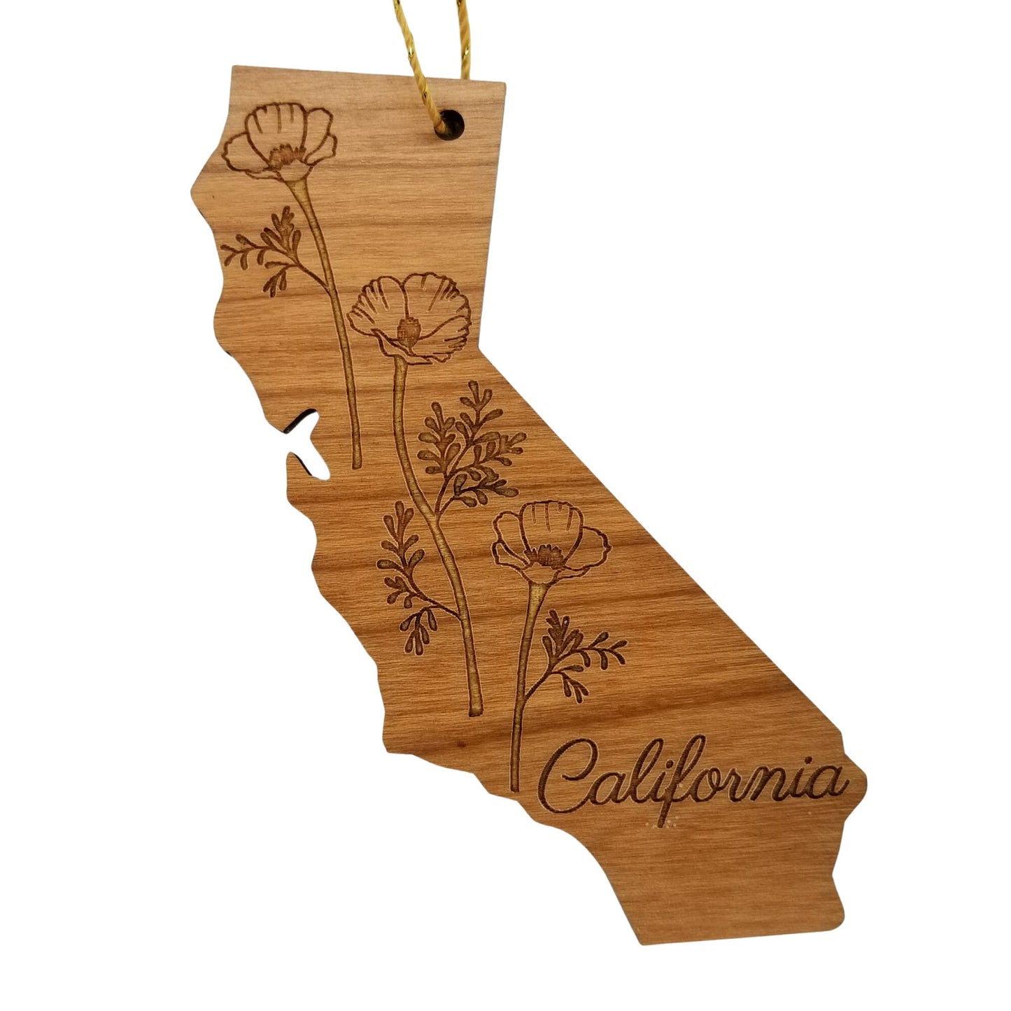 California Wood Ornament -  State Shape with State Flowers Poppies CA - Handmade Wood Ornament Made in USA Christmas Decor