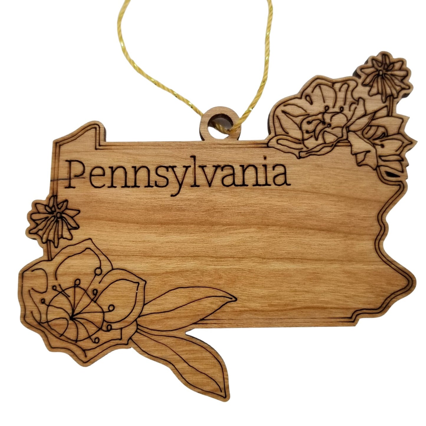 Pennsylvania Wood Ornament -  State Shape with State Flowers Mountain Laurels PA - Handmade Wood Ornament Made in USA Christmas Decor