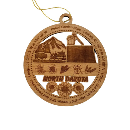 North Dakota Wood Ornament - ND Souvenir - Handmade Wood Ornament Made in USA State Shape Mountains Bison Tractor Honey Sunflowers