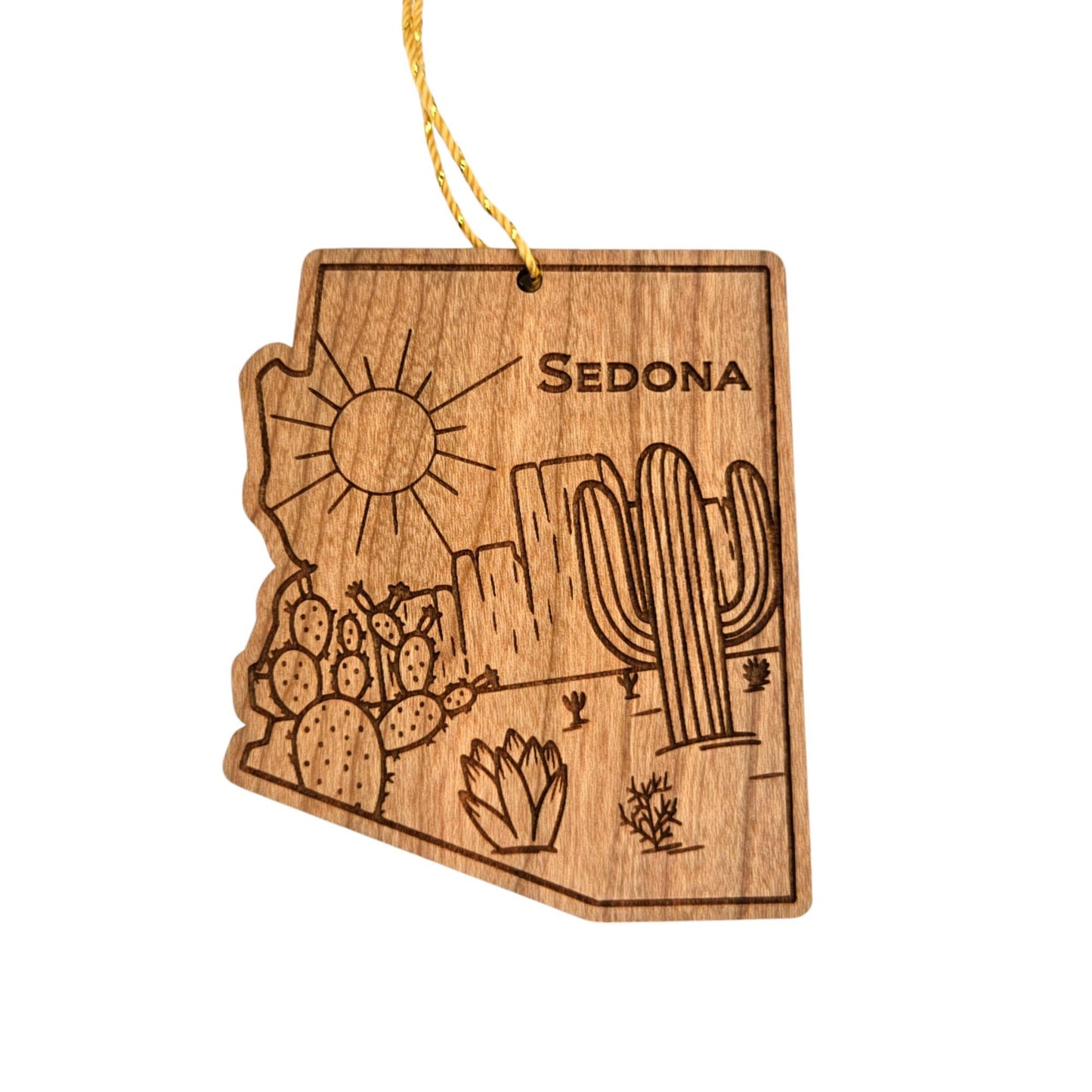 Sedona Arizona Ornament - Cactus Cacti Sun Rock Formations Handmade Wood Ornament - AZ  State Shape Souvenir - Christmas Travel Gift