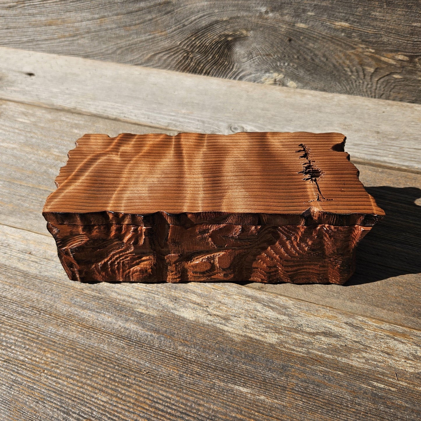 Handmade Wood Box with Redwood Tree Engraved Rustic Curly Wood #616